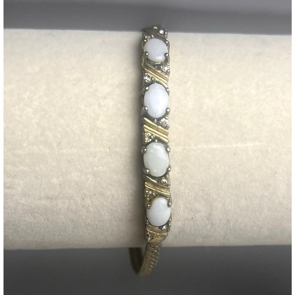 Herringbone Chain Bracelet Gold Tone Opal Style Simulated Diamonds 7.25" Vintage